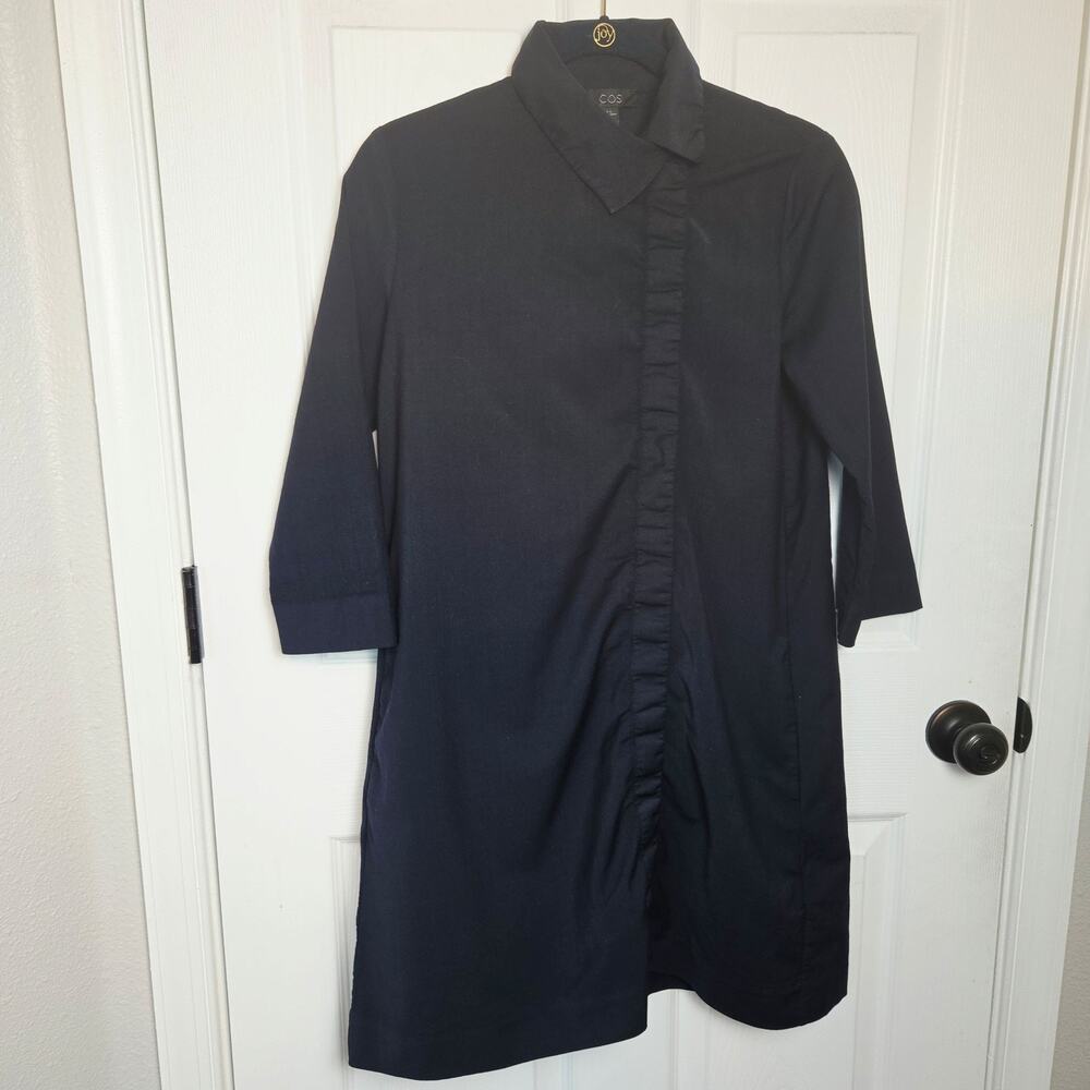 COS Shirt Dress Womens Small Blue Asymmetric Collar Wool Blend Ruffle Pockets